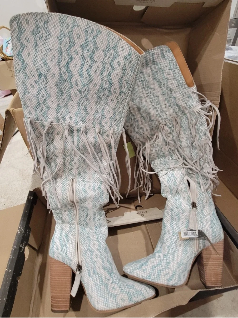 dingo Teal Snake-Print Fringe Over-the-Knee Boots
